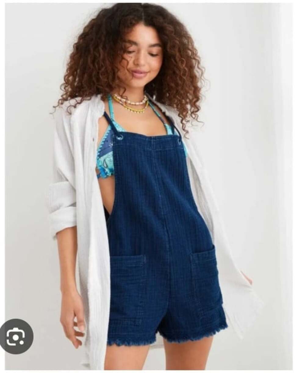 Aerie Overalls Womens Small Blue Gauze Square Neck Fringe Shortalls Pockets